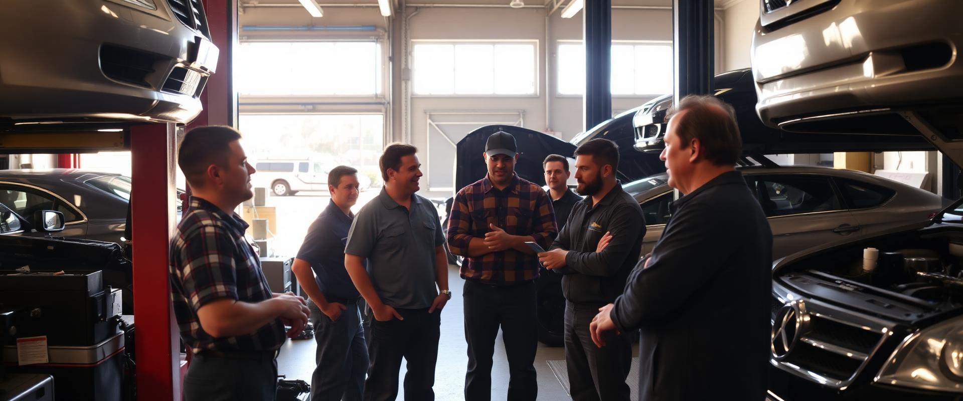Team working together in an auto repair shop